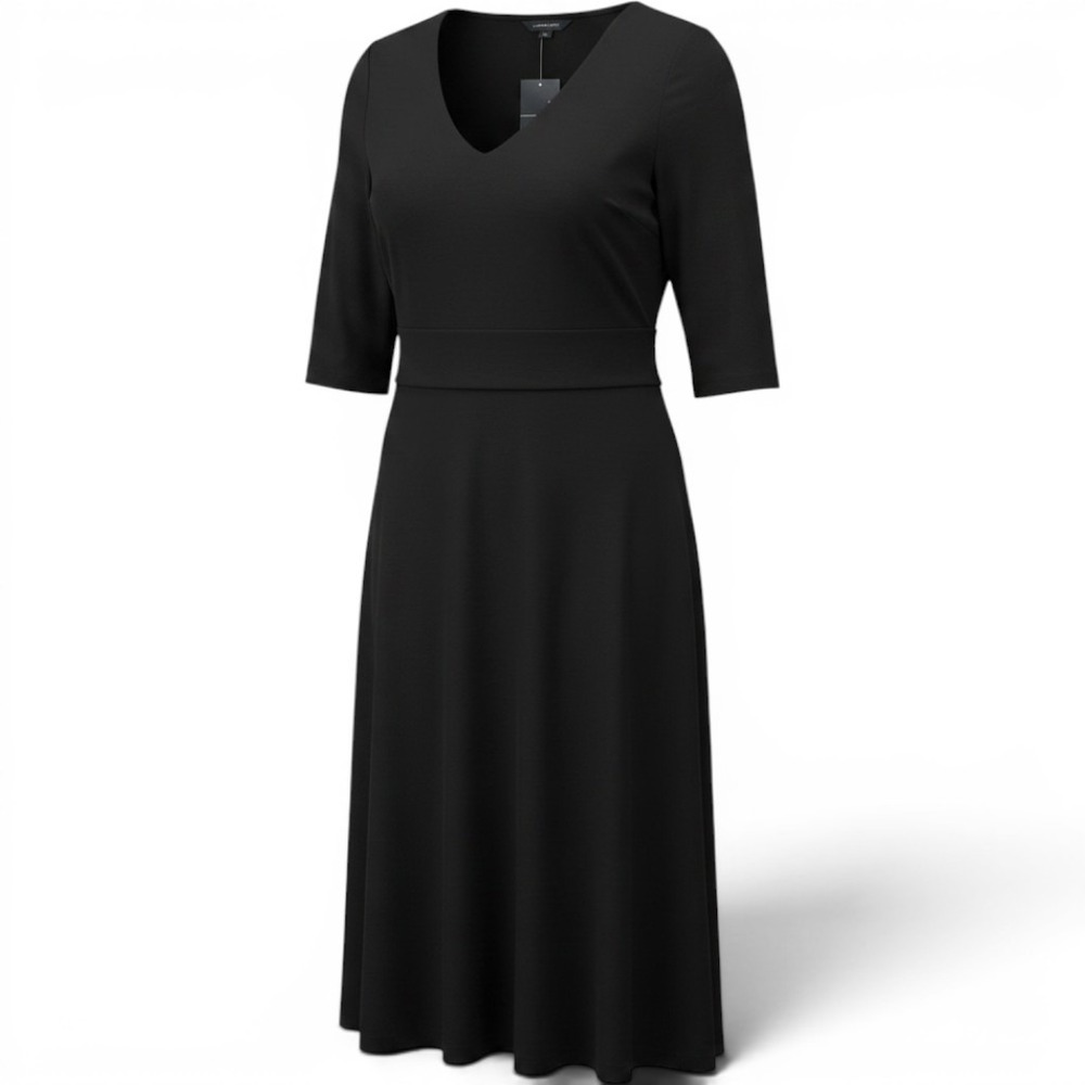 NWT Lands End Black Ponte V-Neck Fit‎ and Flare Dress Elbow Sleeve •20W• Classic